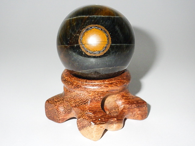 ★目玉のようなゴールドタイガーアイ★天然石虎目石36mm/63g+台座付★ボール&スタンド★丸玉置玉鉱物★ツボ押し★パワーストーン★kamesan拍卖