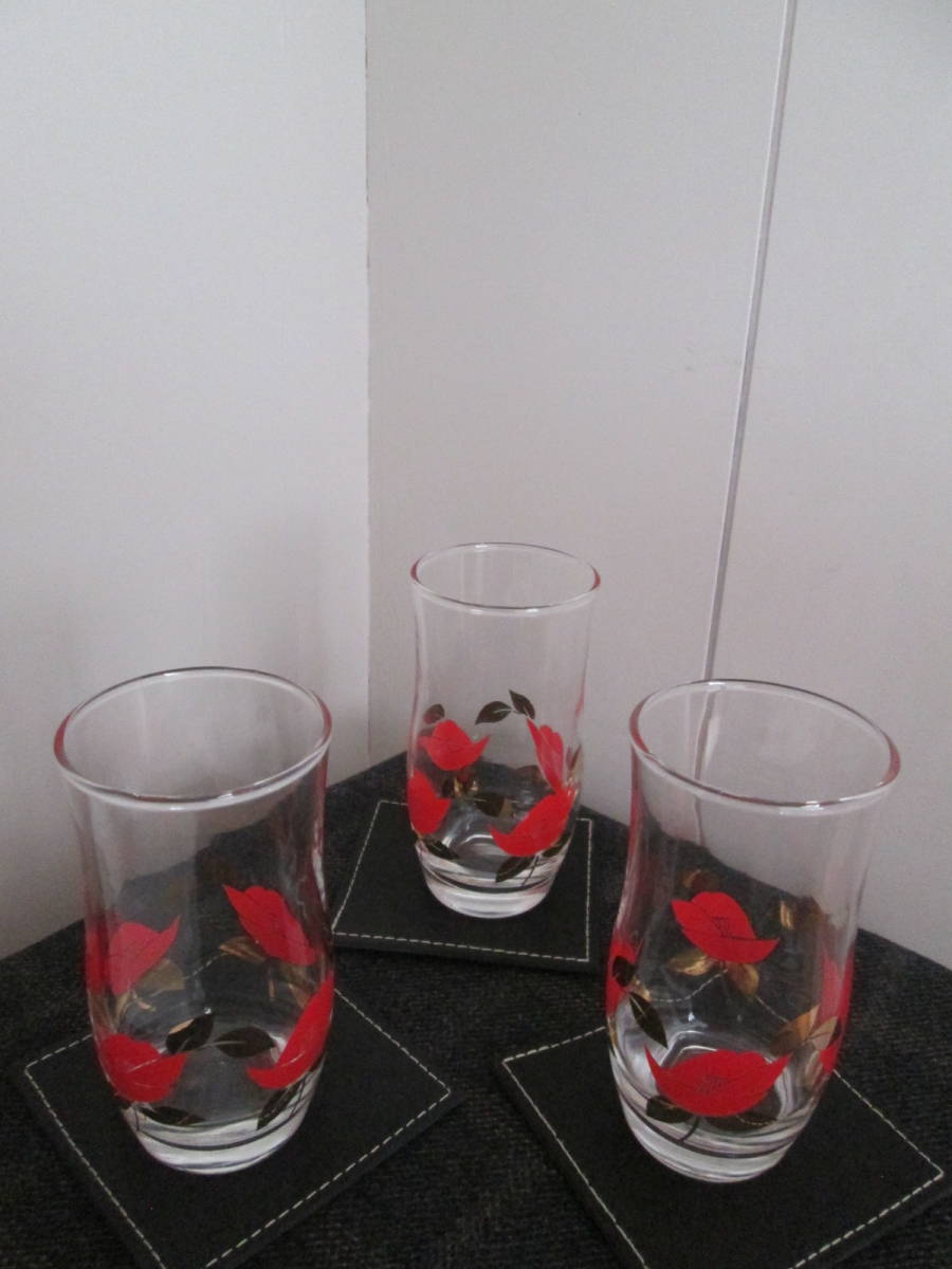 昭和レトロ☆1980年代の花柄グラス 3個セット/レトロ好きな方に♪昭和グラス、来客・普段使いに・・・拍卖