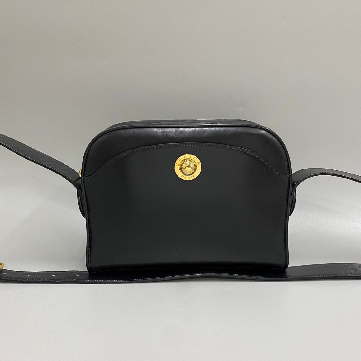 美品 保存袋付 CELINE セリーヌ スターボール ロゴ 金具 カーフ レザー 本革 ミニ ショルダーバッグ ポシェット ブラック 黒 19935拍卖