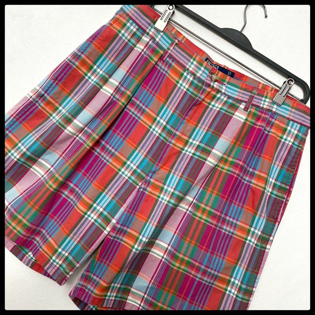 USA製 ヴィンテージ 90s ラルフローレン マルチカラー チェック ハーフパンツ 36サイズ メンズ XLサイズ相当 Polo Ralph Lauren拍卖