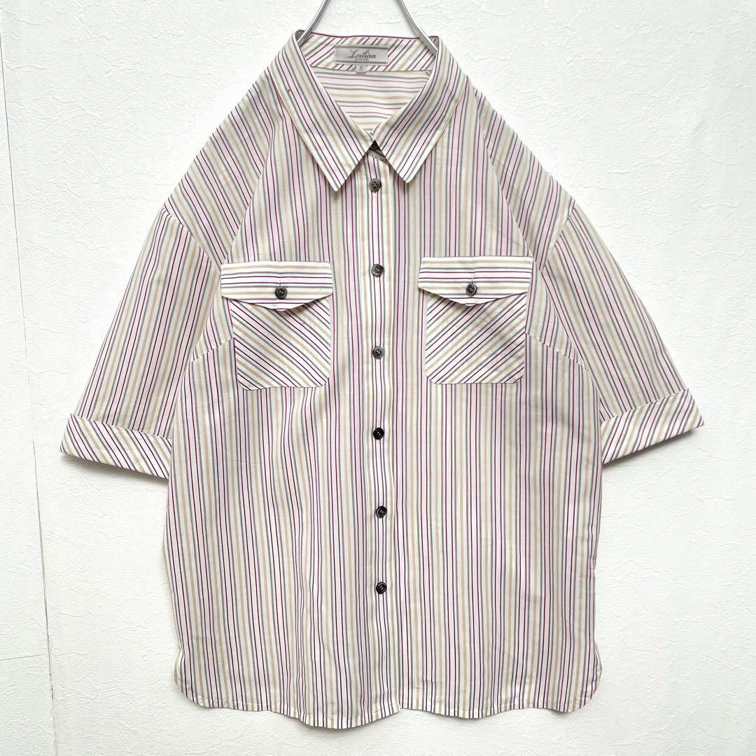 日本製 レリアン 高級 半袖ブラウス 白 ストライプ 春夏 Leilian レディース 9号サイズ拍卖