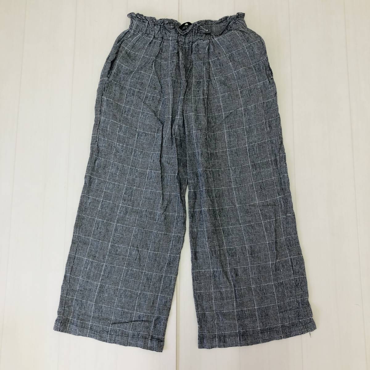 k2202 earth music&ecology アース ワイドパンツ ウエストゴム ポケット 麻混 F グレンチェック レディース ベーシックカジュアルスタイル 拍卖