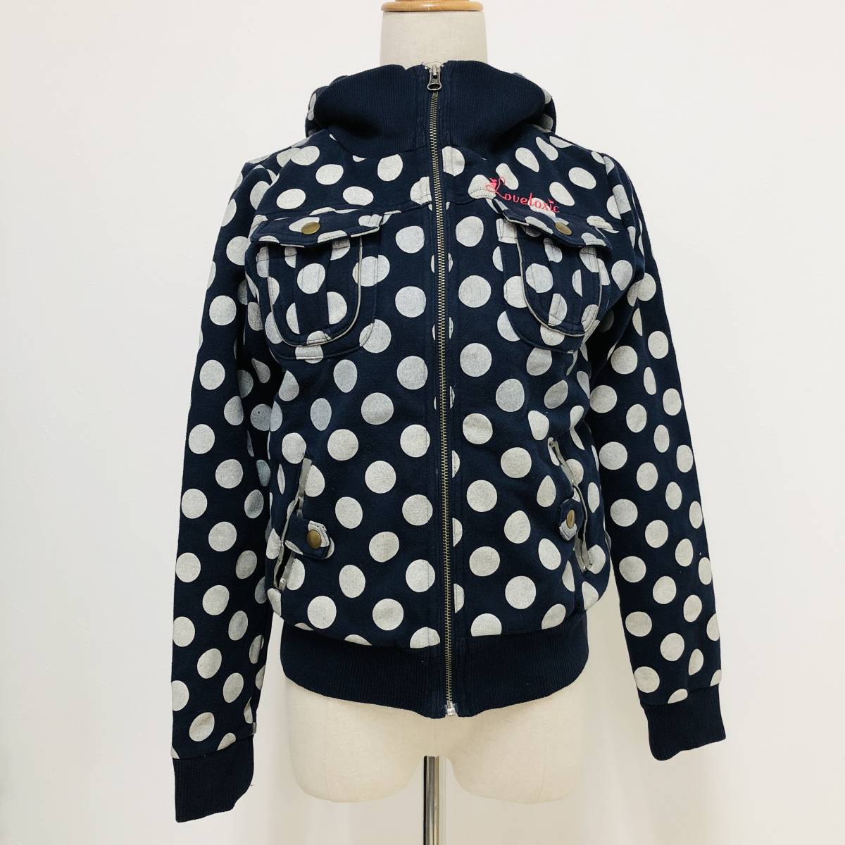 k2283 Lovetoxic ラブトキシック パーカー ロゴ刺しゅう 裏起毛 ポケット L ネイビー グレー ドット 女の子 キュートなスイートスタイル 拍卖