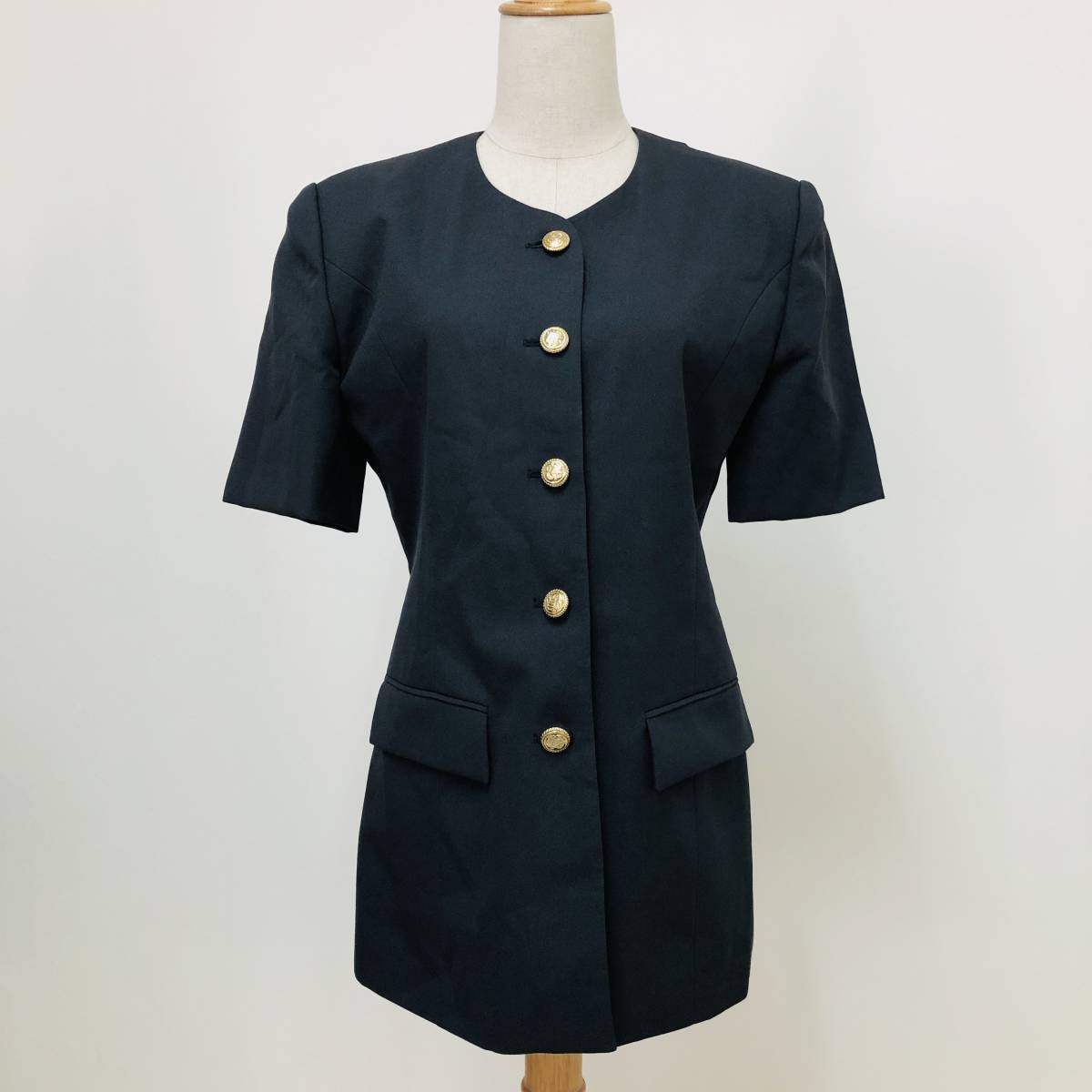 k2478 NoosVOL,1991 ジャケット 半袖 ノーカラー 肩パット 11AR66 ネイビー系 グレー系 無地 高級感 上品 エレガントガーリーチック 拍卖