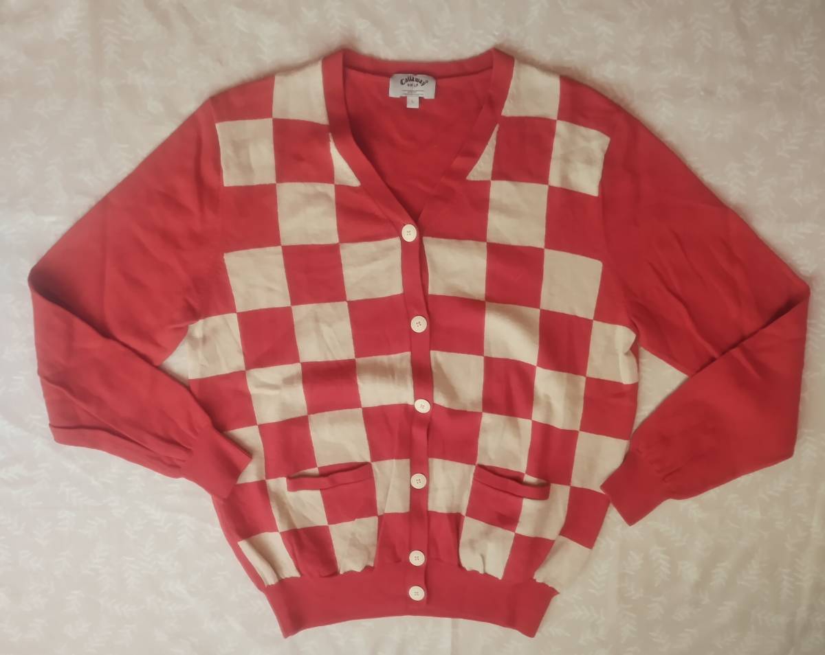状態良好! キャロウェイ Callaway カーディガン サイズL レッド×ベージュ 毛100% クリーニング済拍卖