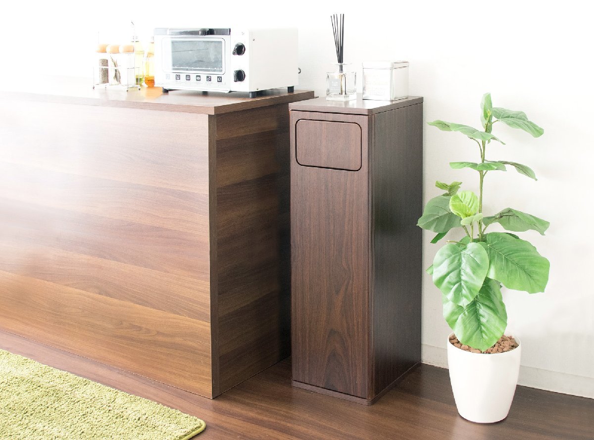 木製プッシュ式ダストボックス ブラウン色 大容量45L ゴミ箱ラック くず入れ 幅25cm拍卖