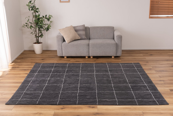 チェック柄のおしゃれなコットンラグマット 170×230cm ダークグレー色拍卖