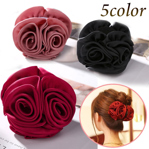 ヘアアクセサリー ヘアクリップ 髪飾り バラ 薔薇 サテン ヘアアレンジ ブラック ネイビー ワインレッド パープル ベージュ拍卖
