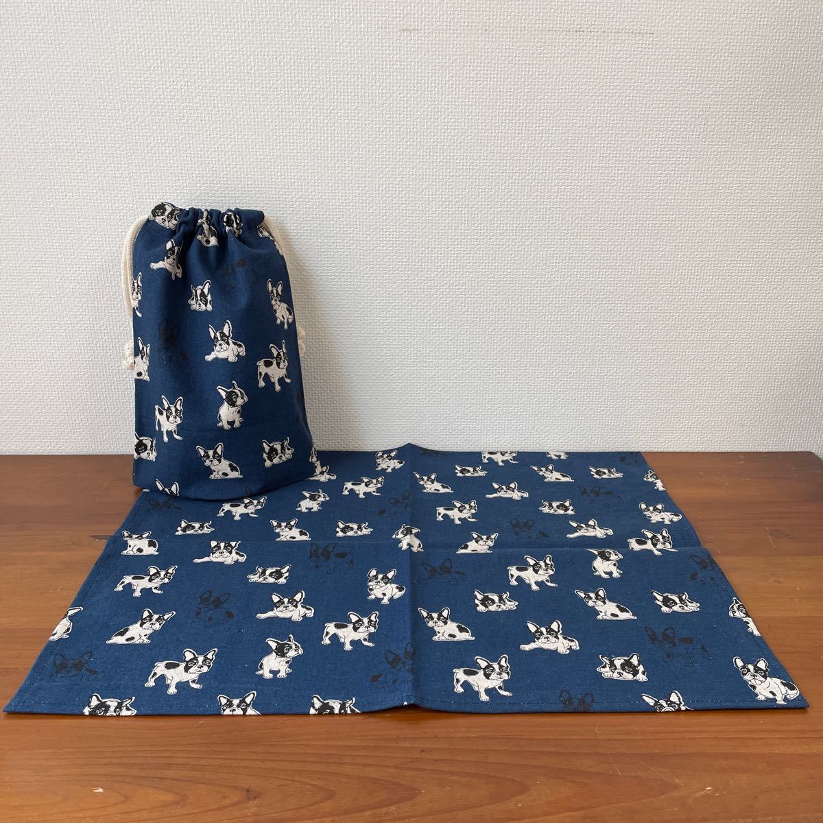 NO.54 給食袋&フキンセット ハンドメイド 巾着 巾着袋 フレンチブルドッグ 給食 幼稚園 小学校給食拍卖