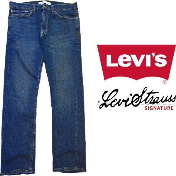 1点物◆リーバイスSIGNATUREデニムパンツ紺ストレートジーンズ古着メンズLレディースOKアメカジブランド90sストリートMixストレッチ370995拍卖