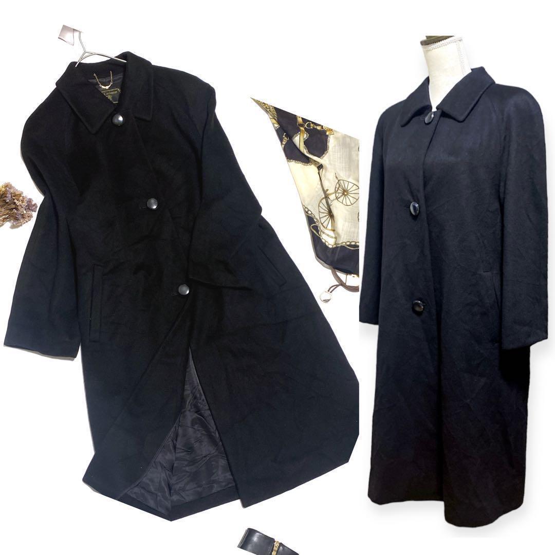 美品 【高級カシミヤ100%】ステンカラー ロングコート 日本製 黒 M 日本製 Pure Cashmere ピュアカシミヤ拍卖