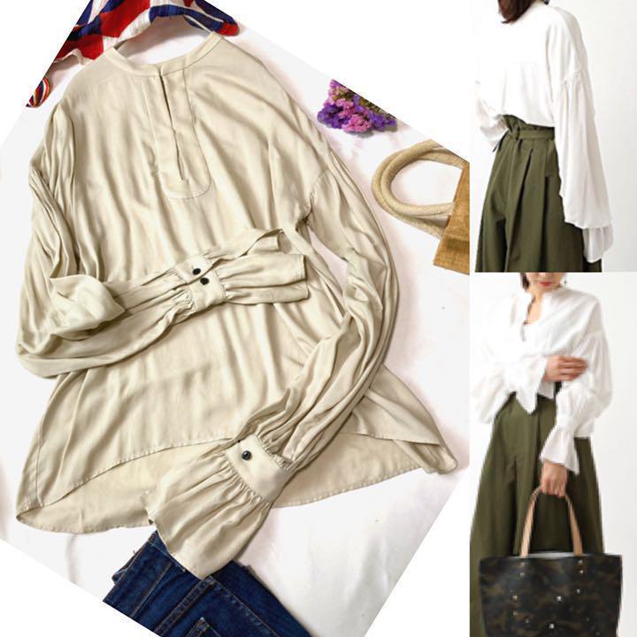 【MARECHAL TERRE マルシャルテル】レーヨンフレアスリーブイレギュラーヘムブラウス Mサイズ グレージュ拍卖