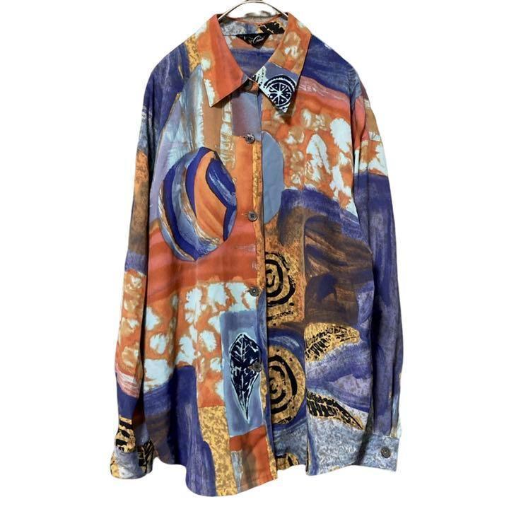 古着 vintage ポリシャツ 総柄シャツ 昭和レトロ アート柄 ユニセックス拍卖