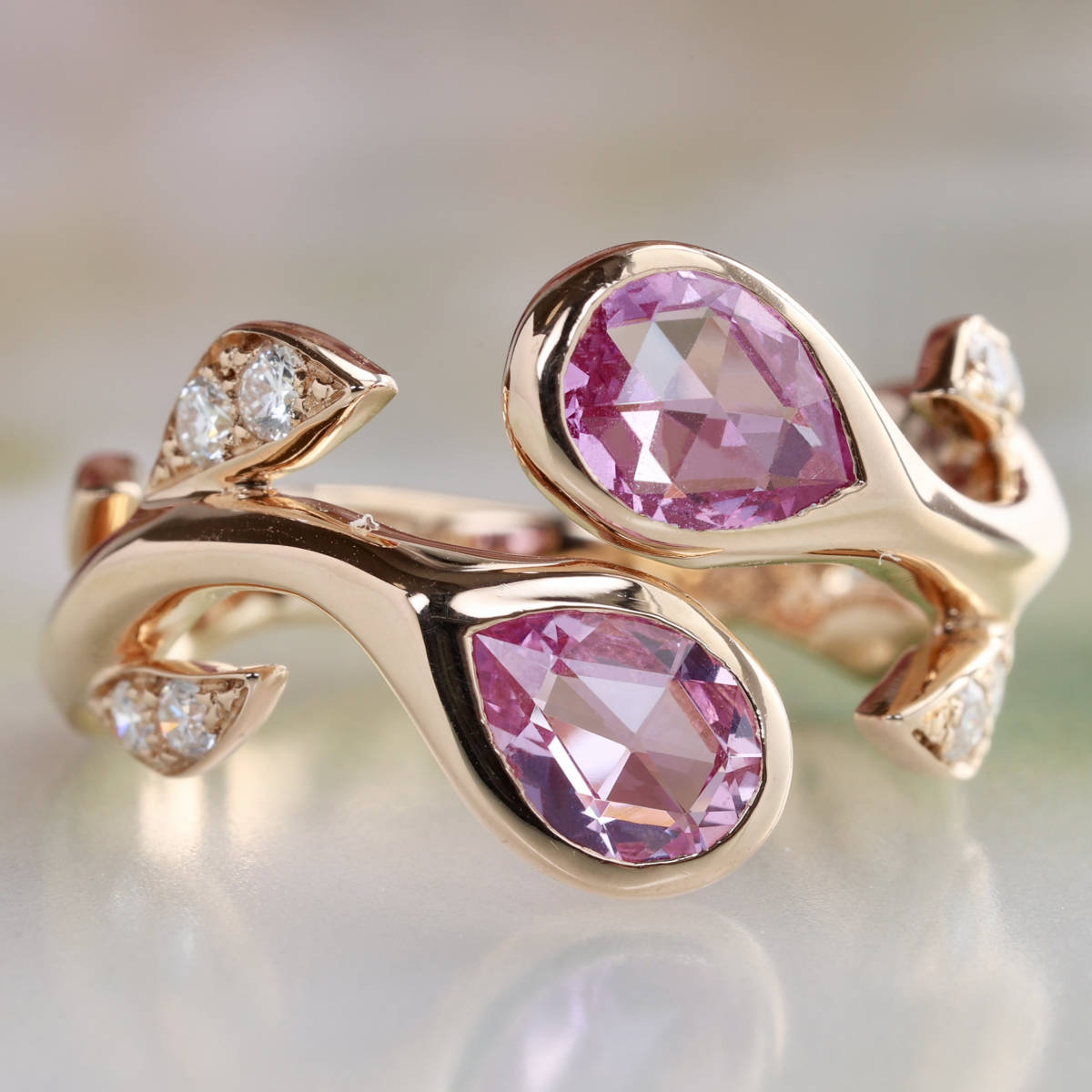 750 PG MATHON PARIS ピンクサファイア ダイヤモンド リング ローズカット ローズ 薔薇 K18 サファイア トワエモア拍卖