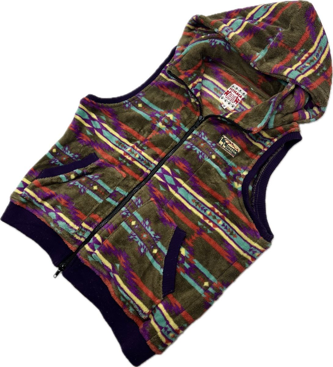 TITICACA ☆ エスニック デザイン フリース ベスト パーカー 茶系 マルチカラー レディース S アウトドア カジュアル 古着 チチカカ■S2753拍卖