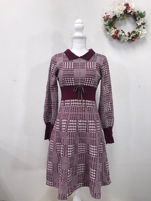 2078 axes femme かわいい ニットワンピース サイズ:M 色:ワインレッド柄入り拍卖