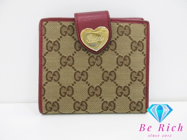 グッチ GUCCI Wホック 二つ折り財布 203549 GG キャンバス レザー 茶 ブラウン 赤 レッド ボルドー ゴールドコンパクト【中古】bs3510拍卖