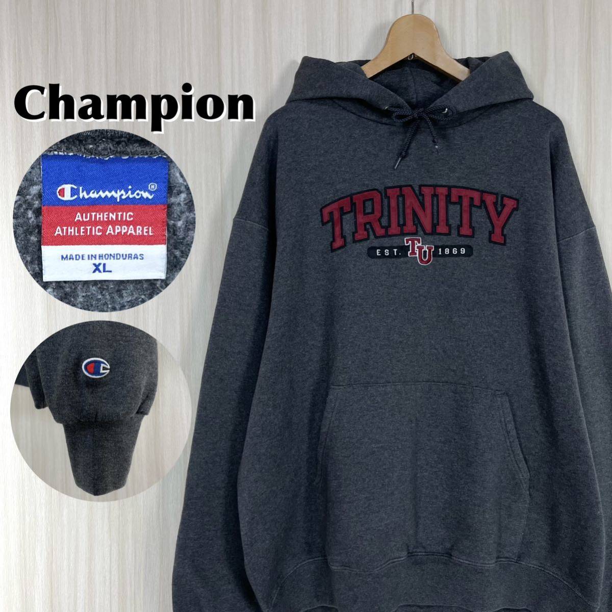【希少】 Champion チャンピオン トリニティ大学 ビッグロゴ 裏起毛 3色タグ プルオーバーパーカー XL 濃い霜降りグレー アメカジ 古着拍卖