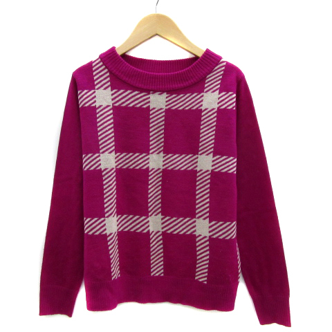 ロペ ROPE ニット カットソー 長袖 ラウンドネック チェック柄 M マゼンタ オフホワイト /YS29 レディース拍卖