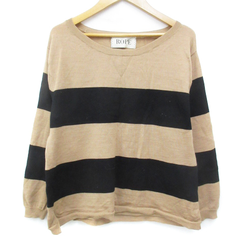 ロペ ROPE ニット カットソー 長袖 ラウンドネック ウール ボーダー柄 M ベージュ 黒 ブラック /FF28 レディース拍卖