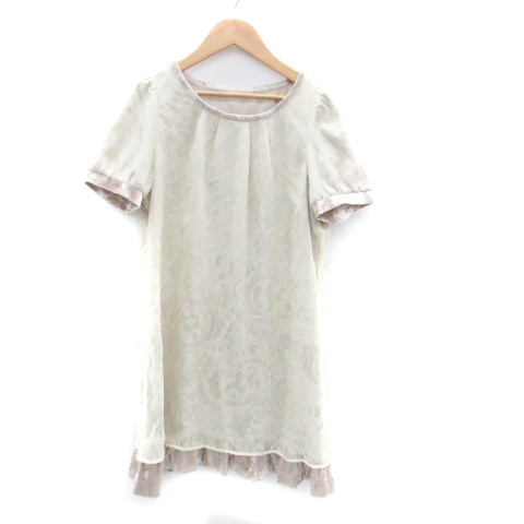 クランプリュス ミッシェルクラン KLEIN PLUS ワンピース ラウンドネック 半袖 ミニ丈 総レース ベロア 38 オフホワイト グレー /HO34 レデ拍卖