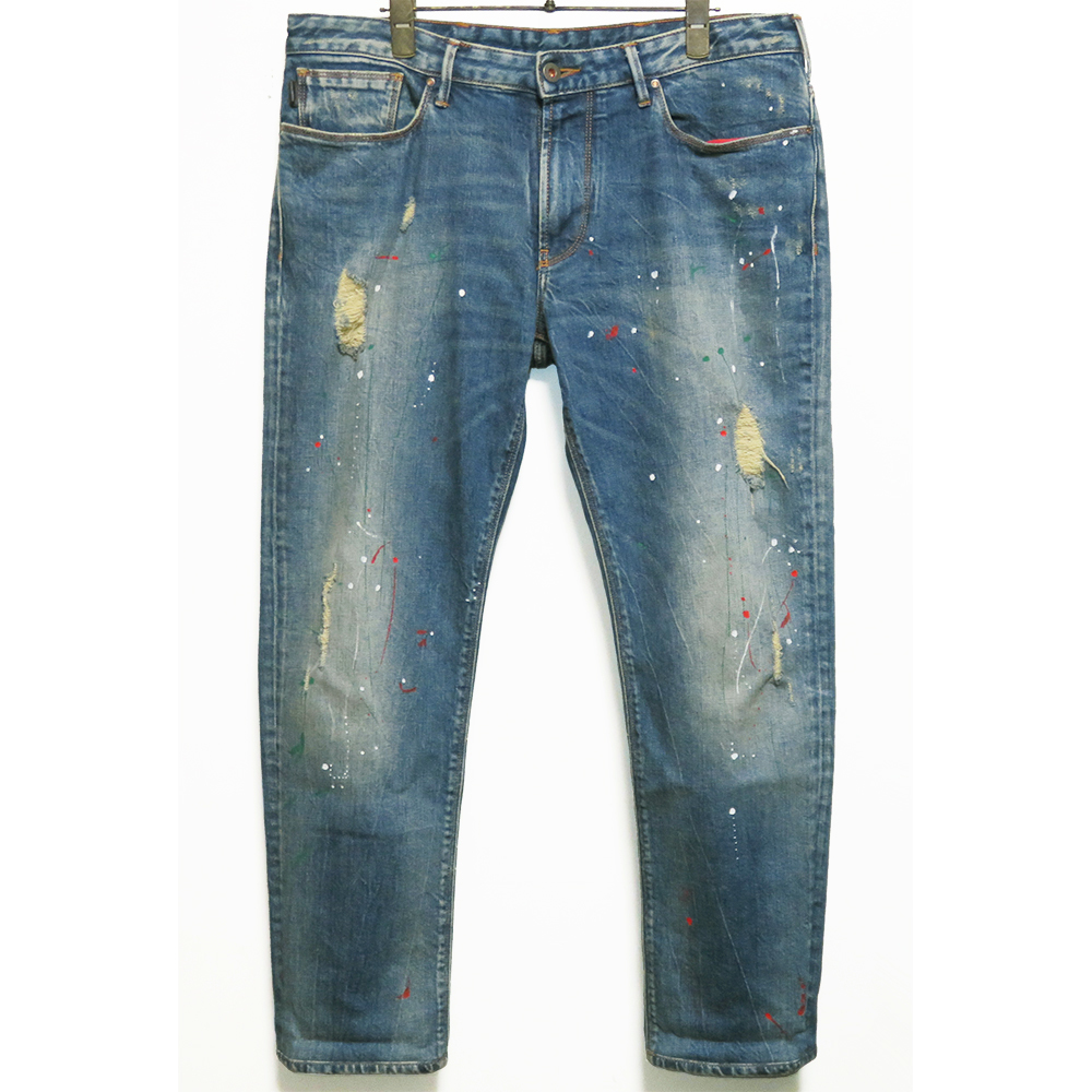 ARMANI JEANS ペンキダメージ加工ストレッチデニムパンツ 33 裾上げ 全長95cm 美品 アルマーニジーンズ拍卖