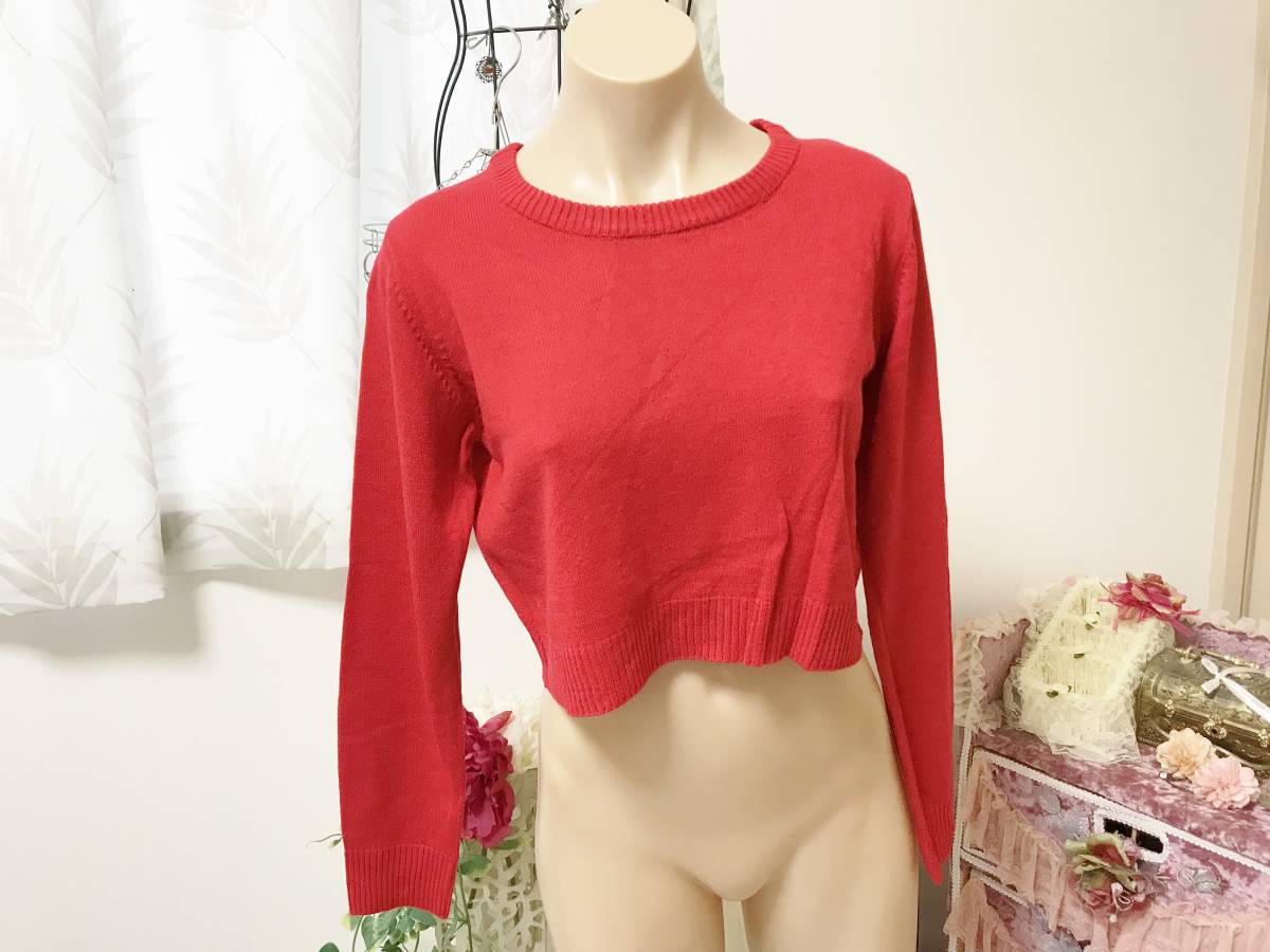 Fサイズ:LIMITLESS LUXURY リミットレスラグジュアリー◆カシミヤタッチショート丈ニット/長袖ニットやや薄セーター:赤 定価:6,600+税拍卖