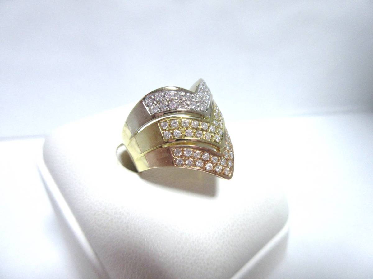 《ジュエリー》K18 ダイヤ:0.66ct付き トリプルV字リング 13号 新品仕上げ済み 18金製 三色:イエロー・ホワイト・ピンクゴールド拍卖