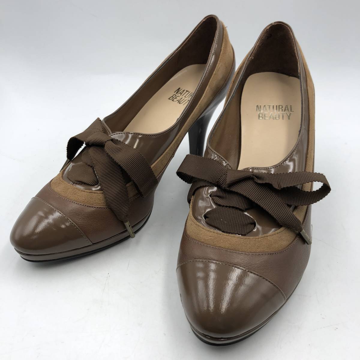 【NATURAL BEAUTY】23㎝ ナチュラルビューティー パンプス リボン ブラウン シューズ 靴 ヒール 中古拍卖