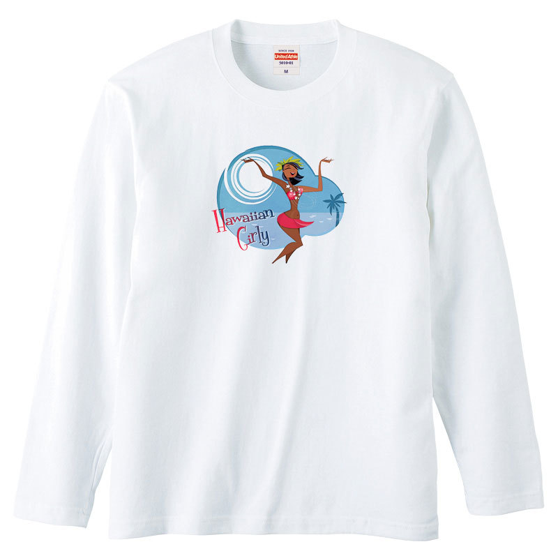 レディースM対応(タグ表記男女兼用S)/ホワイト*陽気なフラガール* 長袖/Tシャツ/フラダンス/ハワイ/送料無料【tl047】拍卖