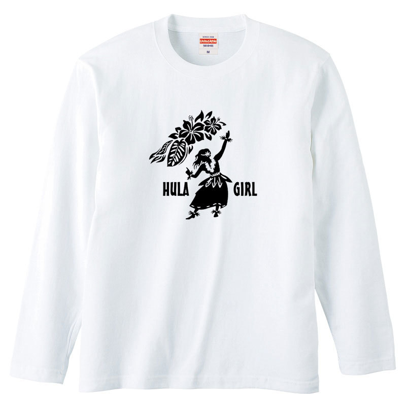 レディースL対応(タグ表記M)/ホワイト【tl084】*モノクロダンシングフラガール&ロゴ*男女兼用長袖Tシャツフラダンス/ハワイアン/送料無料拍卖