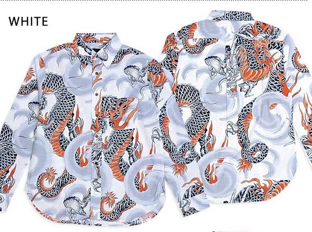 長袖レギュラーカラーシャツ「巨龍」◆衣櫻 ホワイトMサイズ SA-1589 和柄 和風 日本製 国産 総柄 竜 ドラゴン拍卖