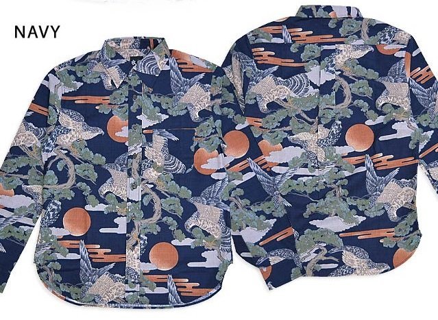 長袖レギュラーカラーシャツ「鷹」◆衣櫻 ネイビーMサイズ SA-1588 和柄 和風 日本製 国産 総柄 タカ拍卖