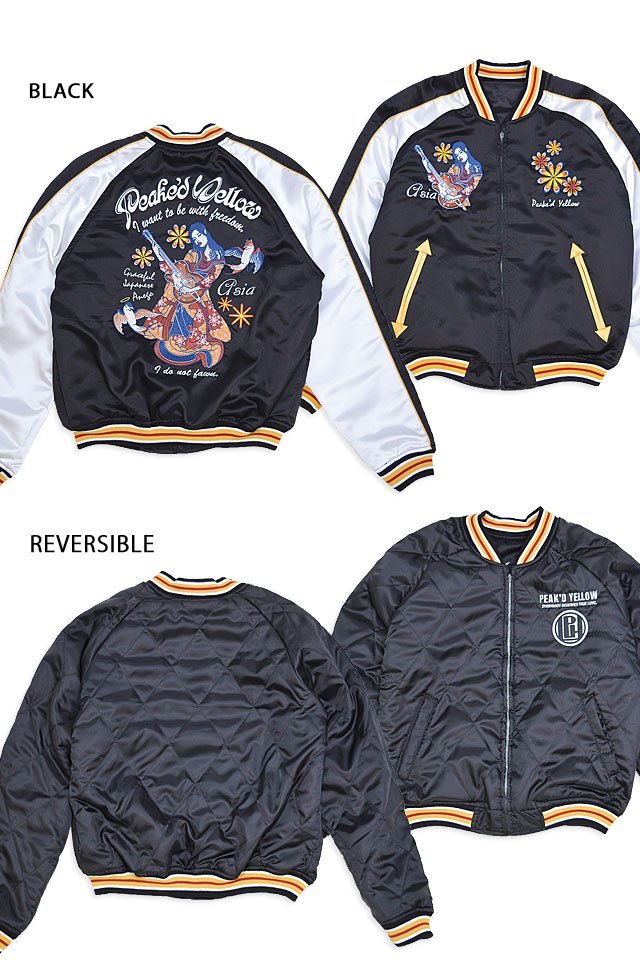 リバーシブルスカジャン◆Peak'd Yellow ブラックLサイズ(サイズ42) PYSK-1012 ピークドイエロー 和柄 和風 刺繍 スーベニアジャケット拍卖