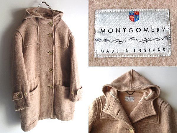 希少 ビンテージ MONTGOMERY モンゴメリー キッドモヘヤ混 ウールメルトン フードコート ボタンダッフルコート 38 ピンクベージュ 英国製拍卖