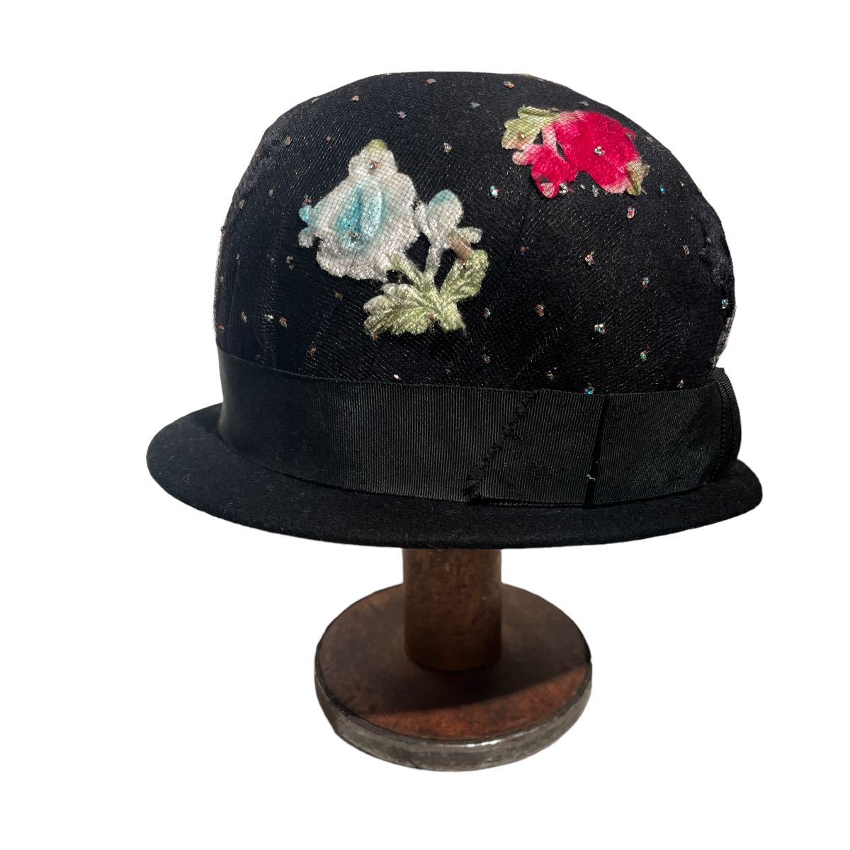 ビンテージ 50’s 70’s ハット 帽子 チュール 花 黒 ヘッドドレス 古着 アンティーク ロックンロール ロカビリー フィフティーズ拍卖