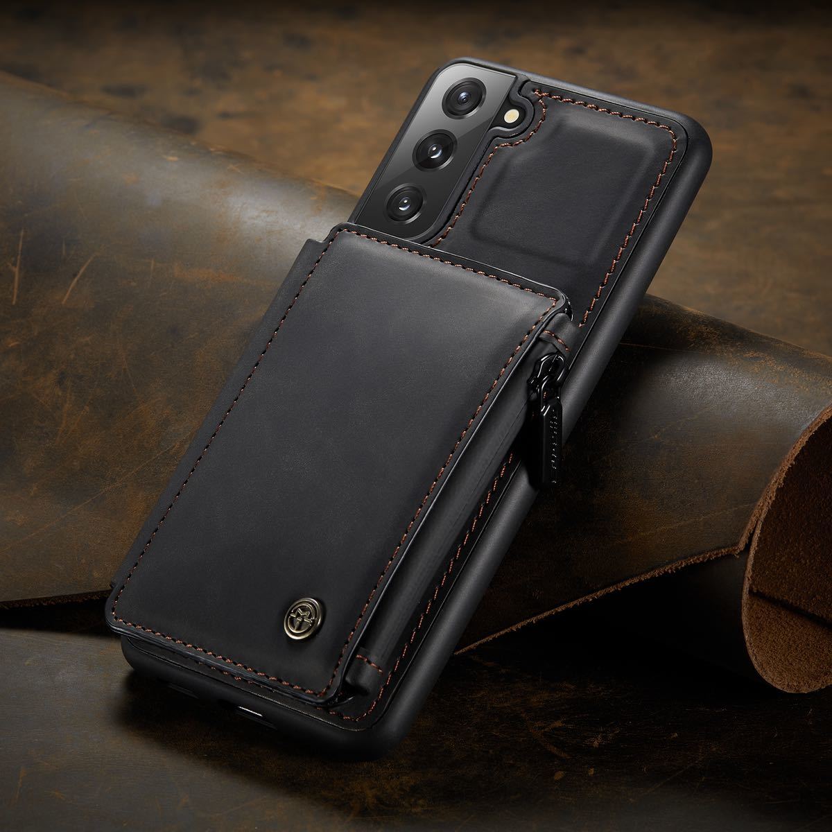 Galaxy S22 レザーケース ギャラクシー s22 ケース galaxy s22 カバー SC-51C SCG13 カード収納 背面 ファスナーポケット付き ブラック拍卖