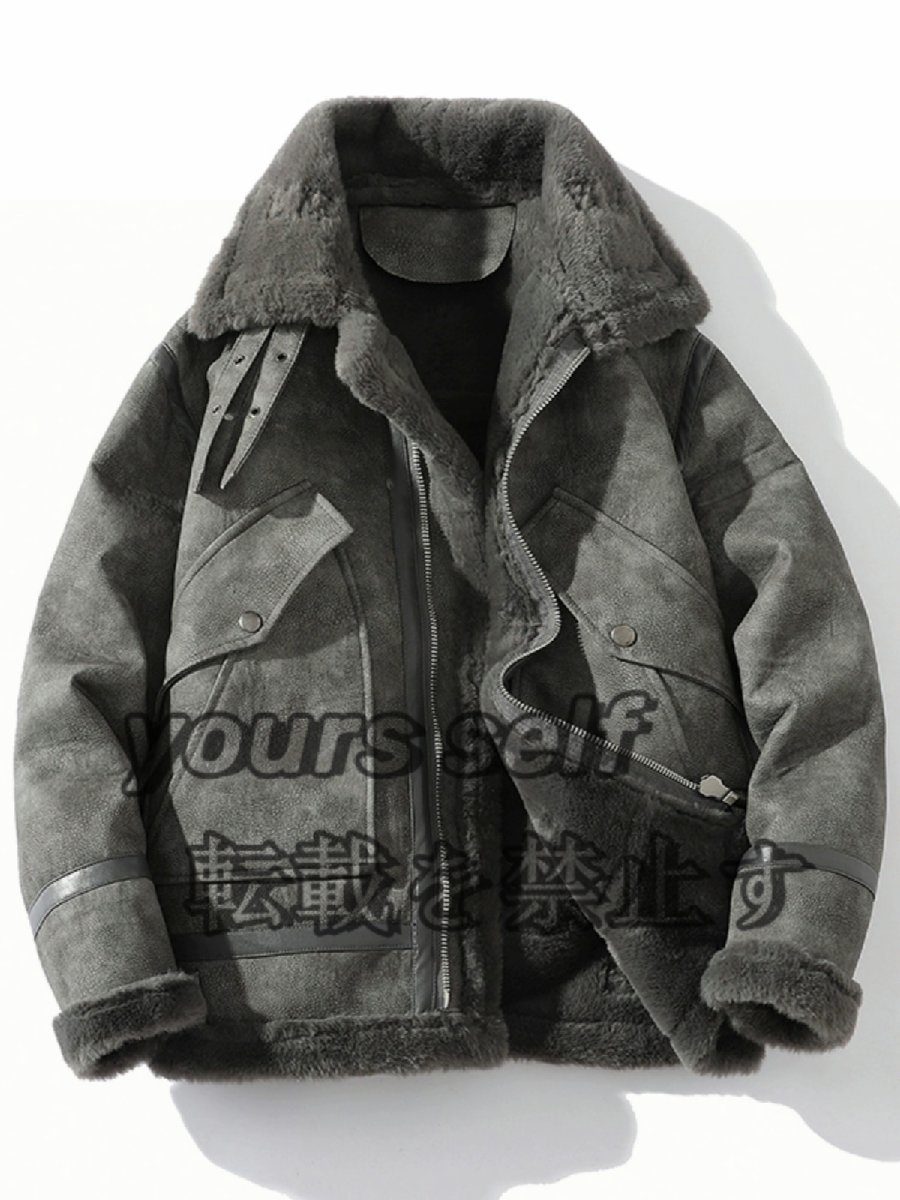超人気◆定価16万 最高級 ムートンコート 毛皮 ファーコート ジャンバー ブルゾン 厚手 防寒 フライトジャケット ライダース グレー L拍卖