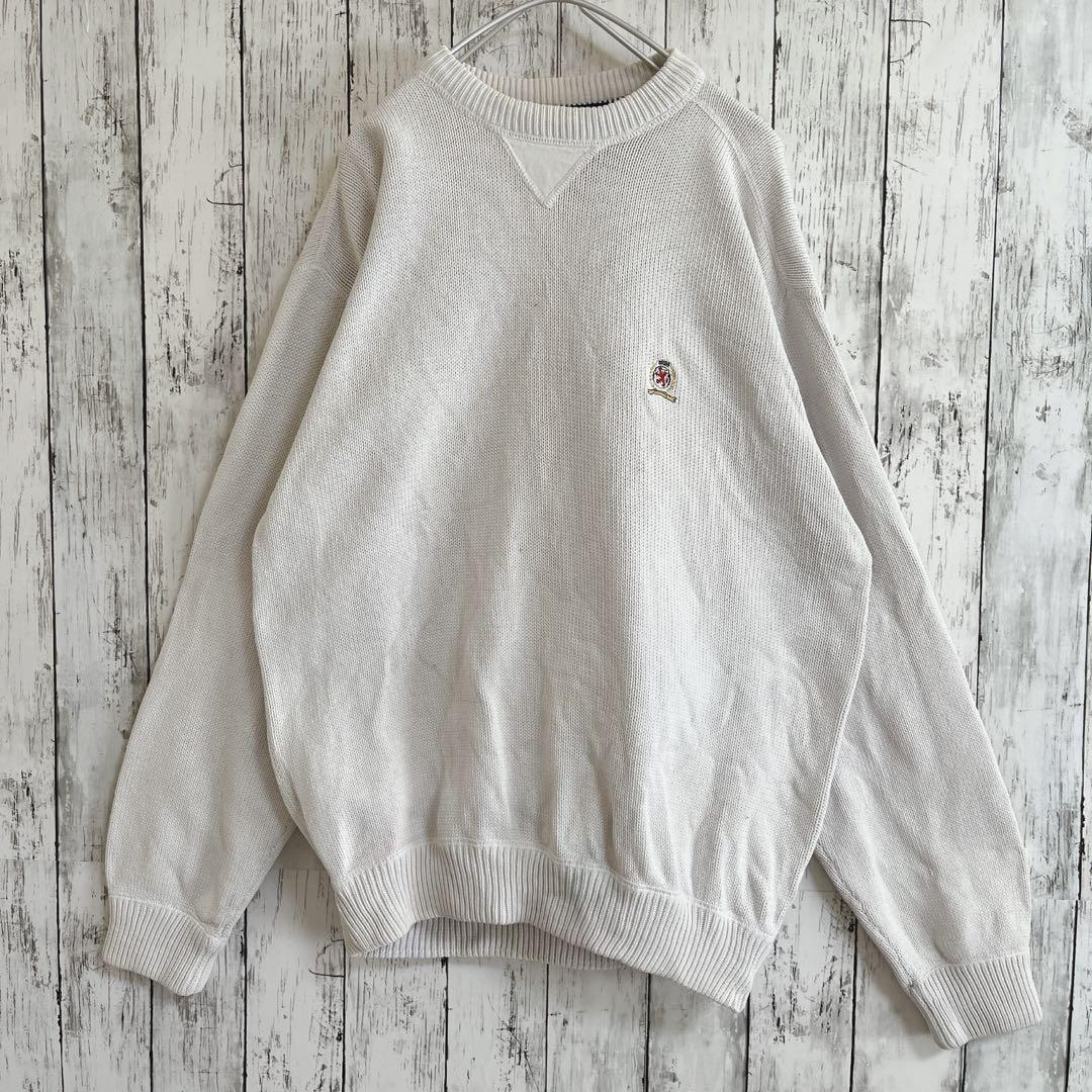 90's TOMMY HILFIGER トミーヒルフィガー コットンニット セーター XL ワンポイント 刺繍ロゴ アイボリー 90年代ヴィンテージ HTK2329拍卖