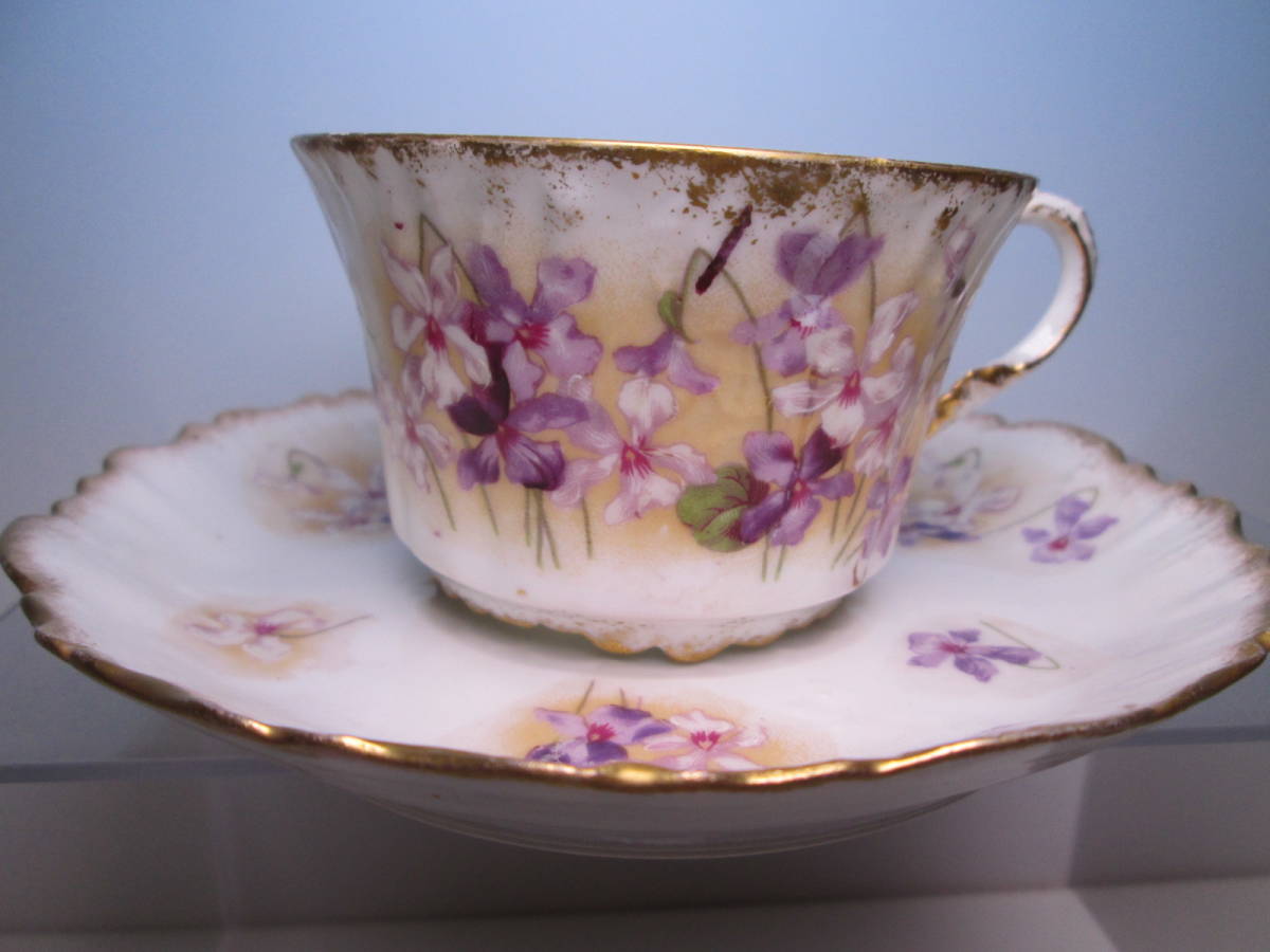 ☆西洋アンティーク・窯不詳 金彩手描きすみれの花文 カップ&ソーサー ヴィンテージ拍卖