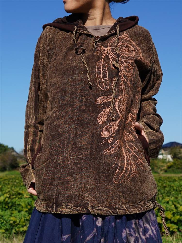 ★エスニック フーディ― プルオーバー ドリームキャッチャー ★送料込新品B★パーカー ストーンウォッシュ アースカラー ユニセックス拍卖