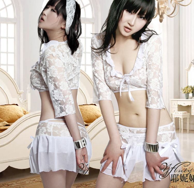 訳有新品 未使用 送料無料3226ブラトップスは花柄レース 素肌が見えてセクシーベビードール フリフリスリット入りスカート ナイトウェア 白拍卖