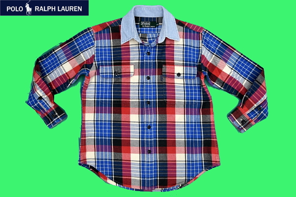 S5887★Polo by Ralph Lauren ポロ ラルフローレン★正規品 レアなデザイン 超オシャレな デニム×チェック柄 長袖シャツ 140拍卖