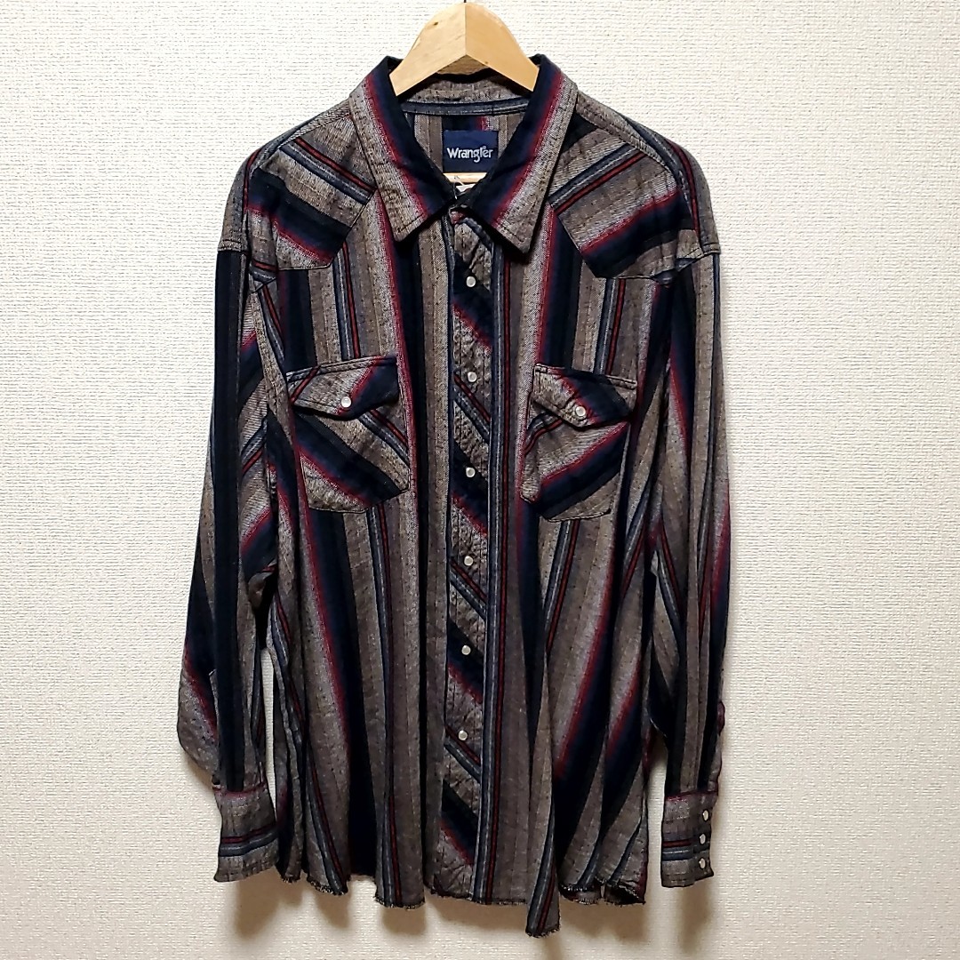 B73◆ラングラー Wrangler 長袖 ウエスタンシャツ size4X ストライプ ネイティブ柄 中古 USED 古着 ビッグサイズ オーバーサイズ拍卖