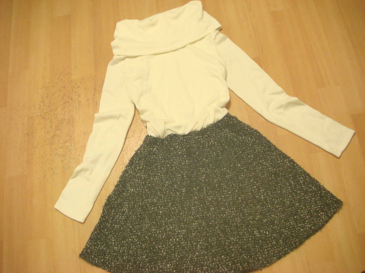 リエンダ オフタートルネック ニット切り替え ワンピース ホワイト×濃いグレー 美品 M拍卖