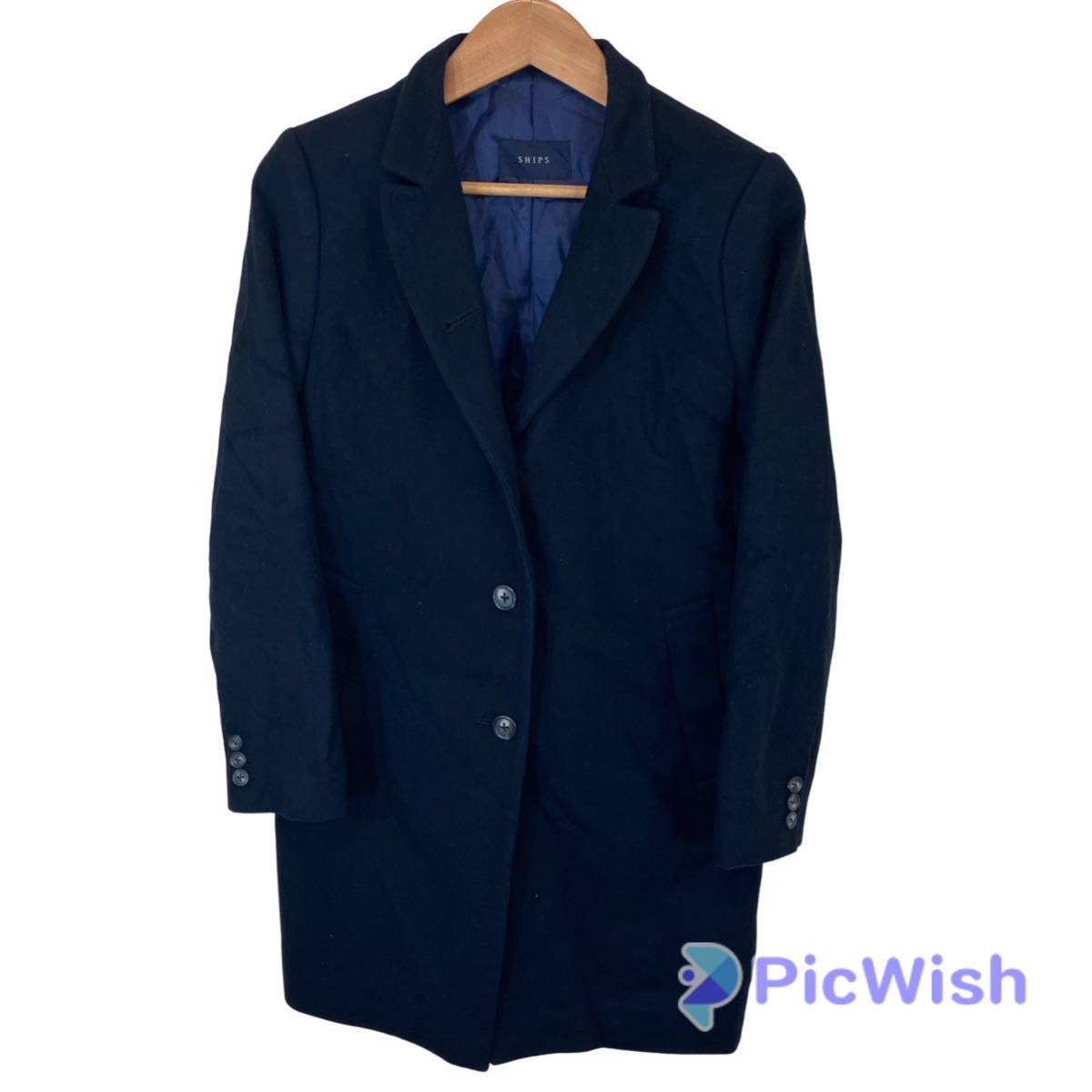 ships シップス  ladies レディース wool製 ウール チェスターコート アウター ロングコート size:FREE collar:BLK ブラック拍卖