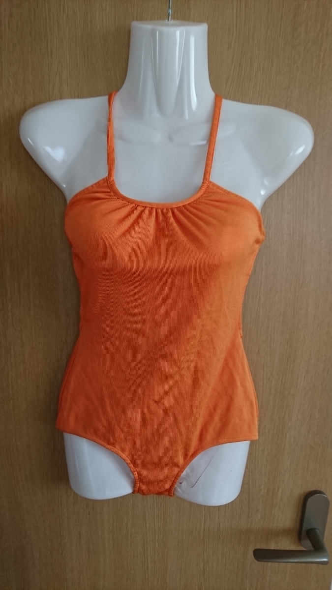 ☆オレンジ×赤☆細ストライプ調のワンピース水着☆拍卖