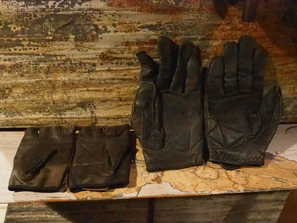 【レザーのグローブ2組】フリーサイズ指無し本革バイク古着オートバイ自転車骨董インテリア古道具インダストリアル手袋拍卖