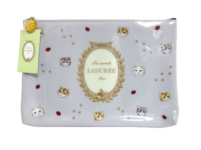 新品未使用 正規品 スクレ・ラデュレ LADUREE フラットポーチ ポーチ 猫 キャット ネコ グレー 灰色 ゴールドチャーム付き タグ付き拍卖
