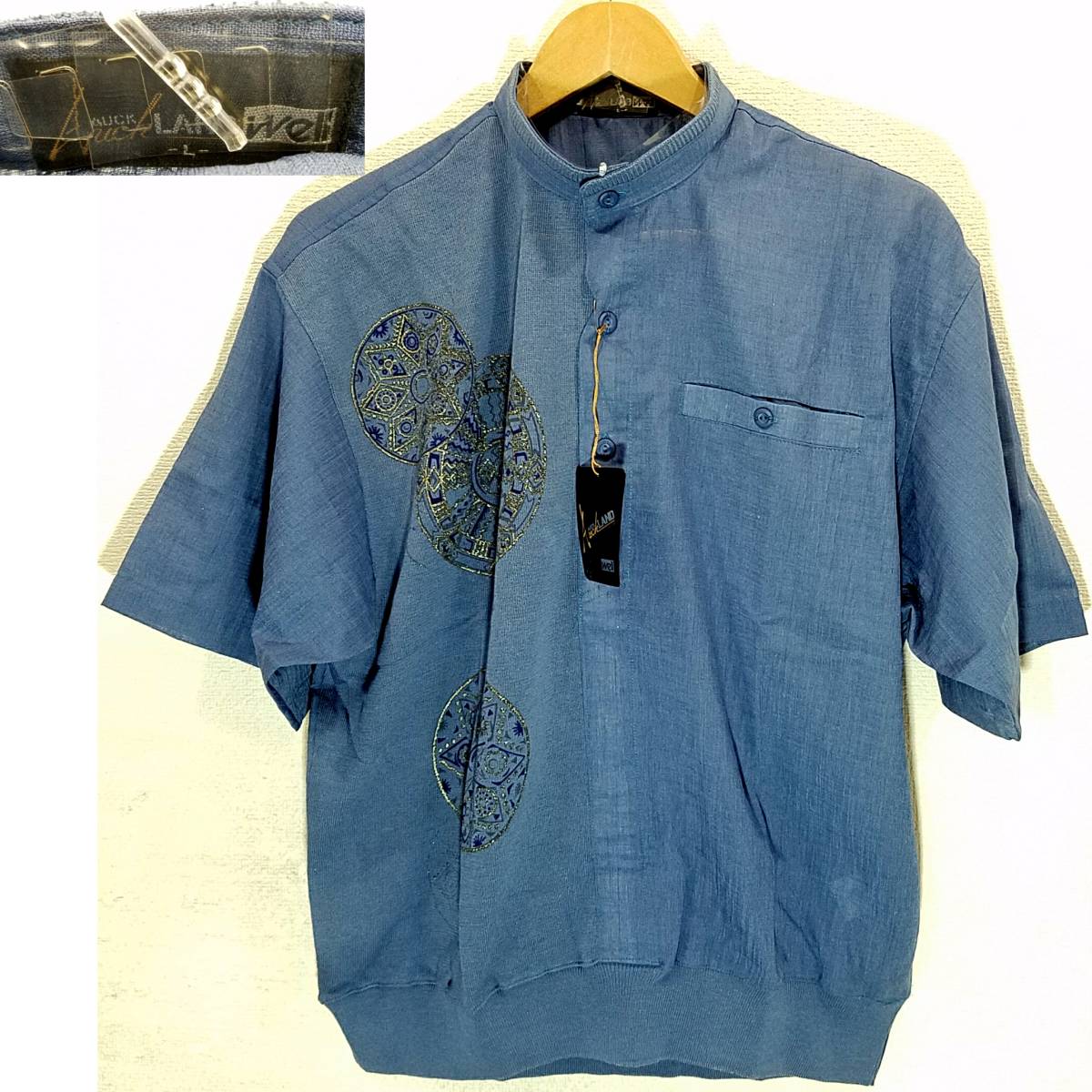 訳あり新品Auck LAND wellプルオーバー スタンドカラー半袖シャツ メンズL日本製ブルー系×ゴールドラメ 金ラメ麻混ニット素材オークランド拍卖